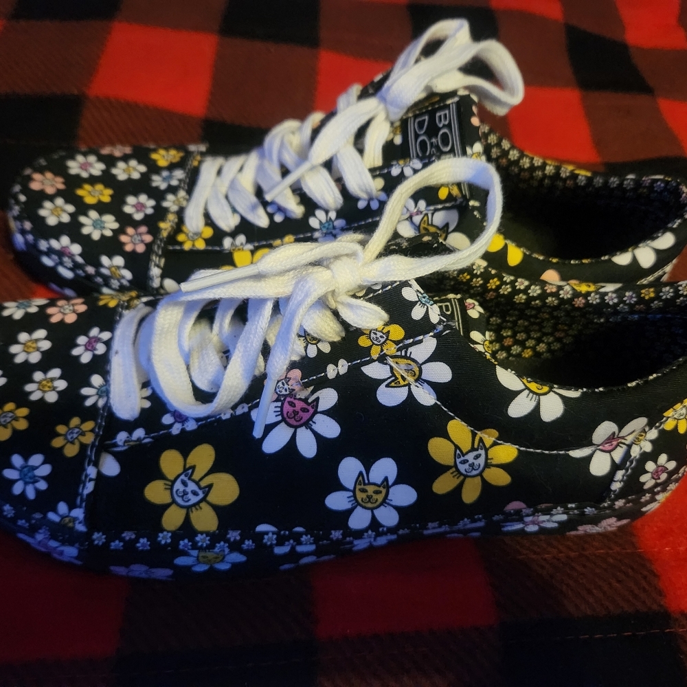BOBS from Skechers Black Floral Sneakers with cat faces